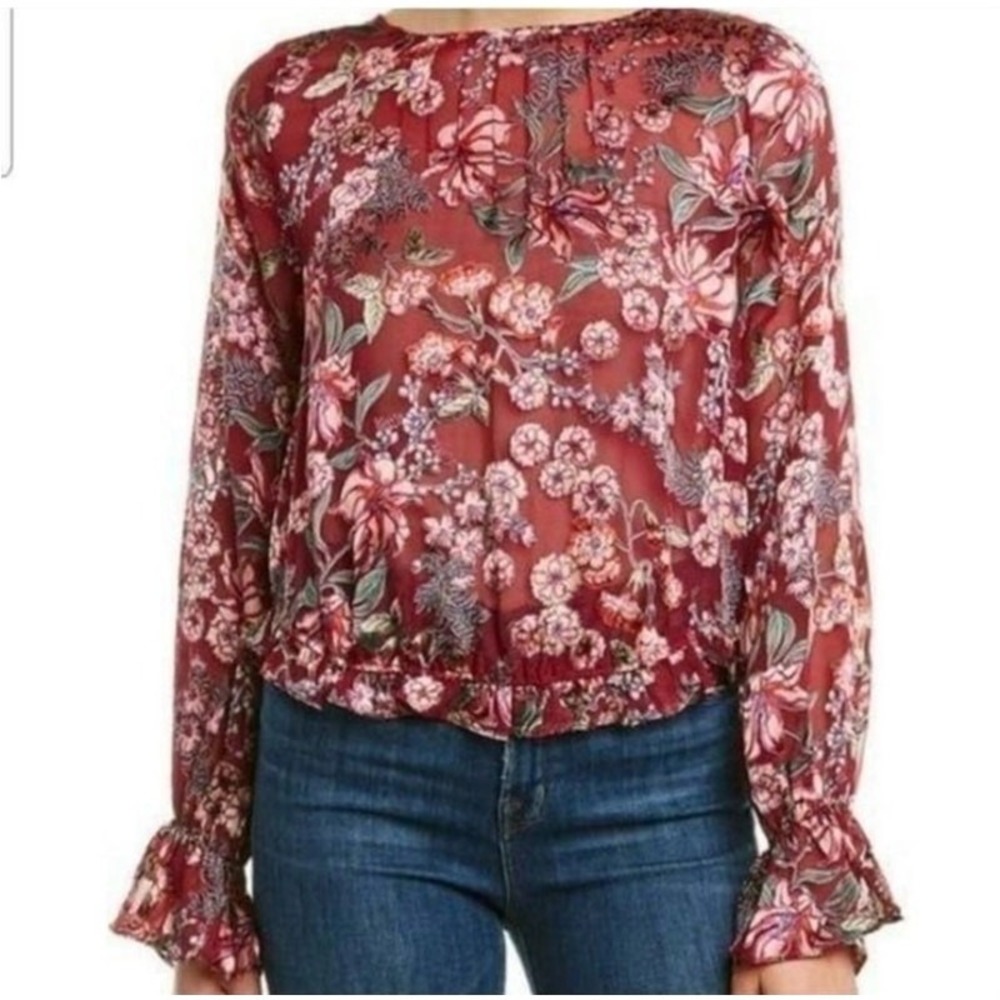 For Love and Lemons Sheer Red‎ Floral bell sleeve blouse Womans Small